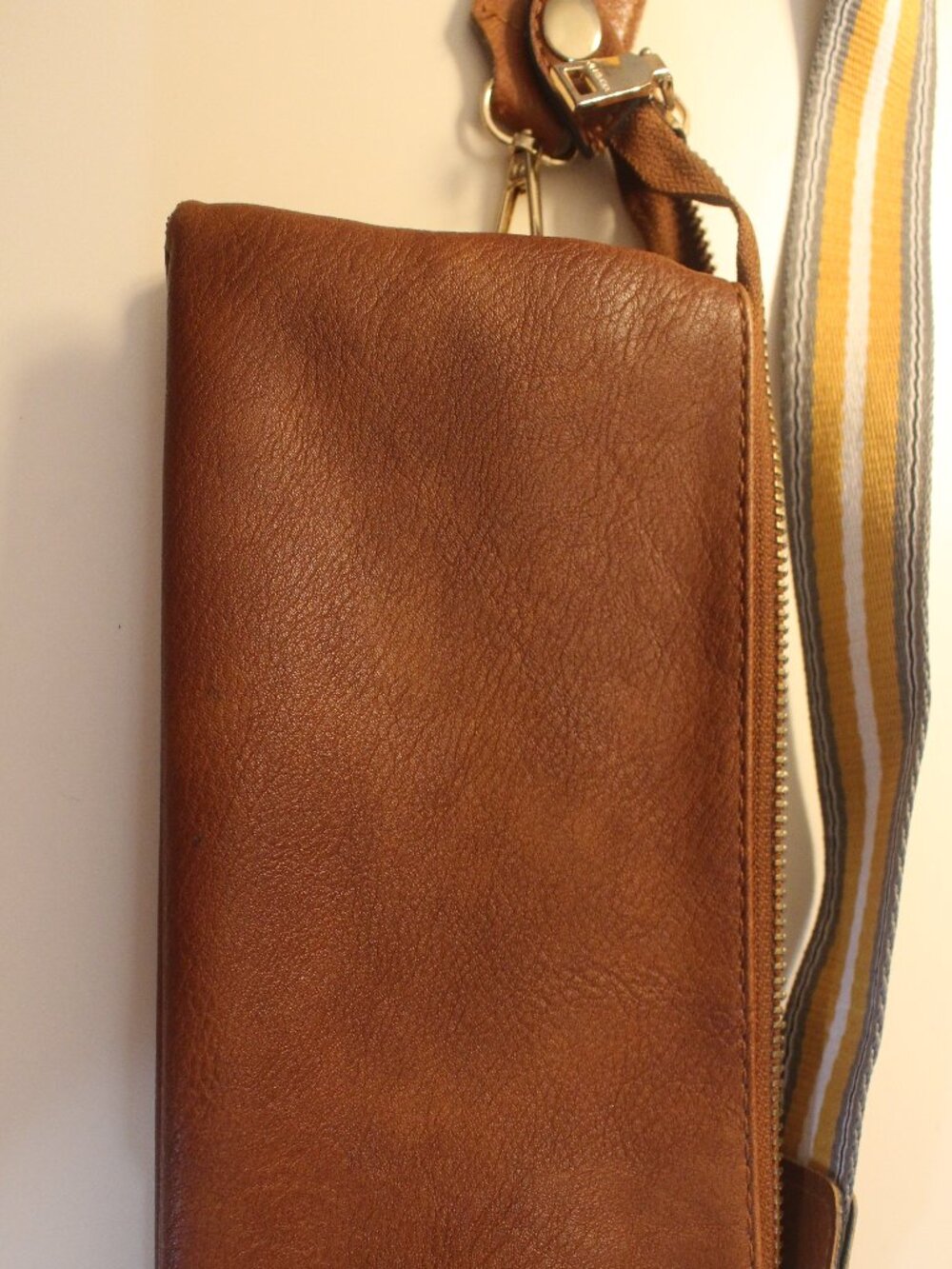 Jen & Co. Cognac Zip Crossbody Bag with Yellow Striped Strap